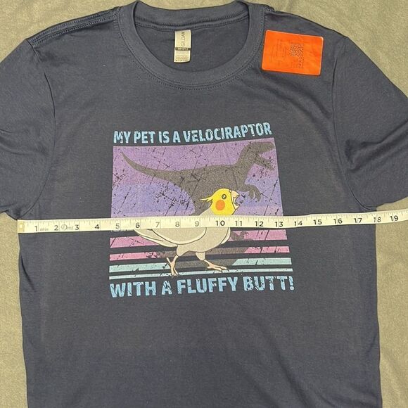 My Pet is a Velociraptor with a Fluffy Butt Blue Graphic Tee Size Small - Picture 5 of 6